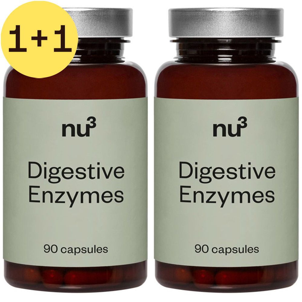 Twee flessen "nu3 Digestive Enzymes" met gele "1+1" sticker. Bruine glazen flessen met zilveren deksel. 90 capsules.