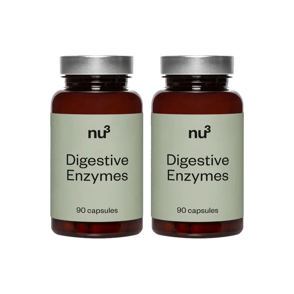 Deux flacons de "nu3 Digestive Enzymes". Chaque flacon contient 90 gélules. Flacons bruns, couvercles argentés, étiquette verte.