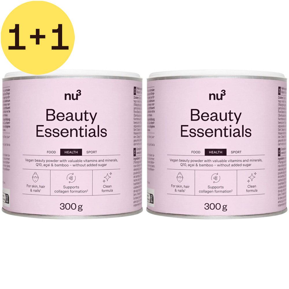 Deux boîtes de nu3 Beauty Essentials. Boîtes roses avec texte blanc. Inscription : Beauty Essentials, 300g. Autocollant jaune : 1+1.