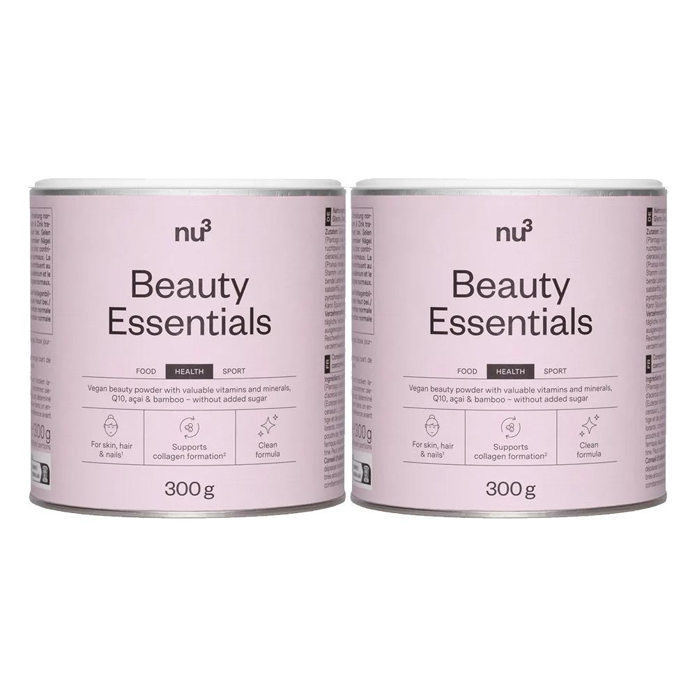 Twee roze blikken "nu3 Beauty Essentials" met opschrift en 300g-aanduiding.