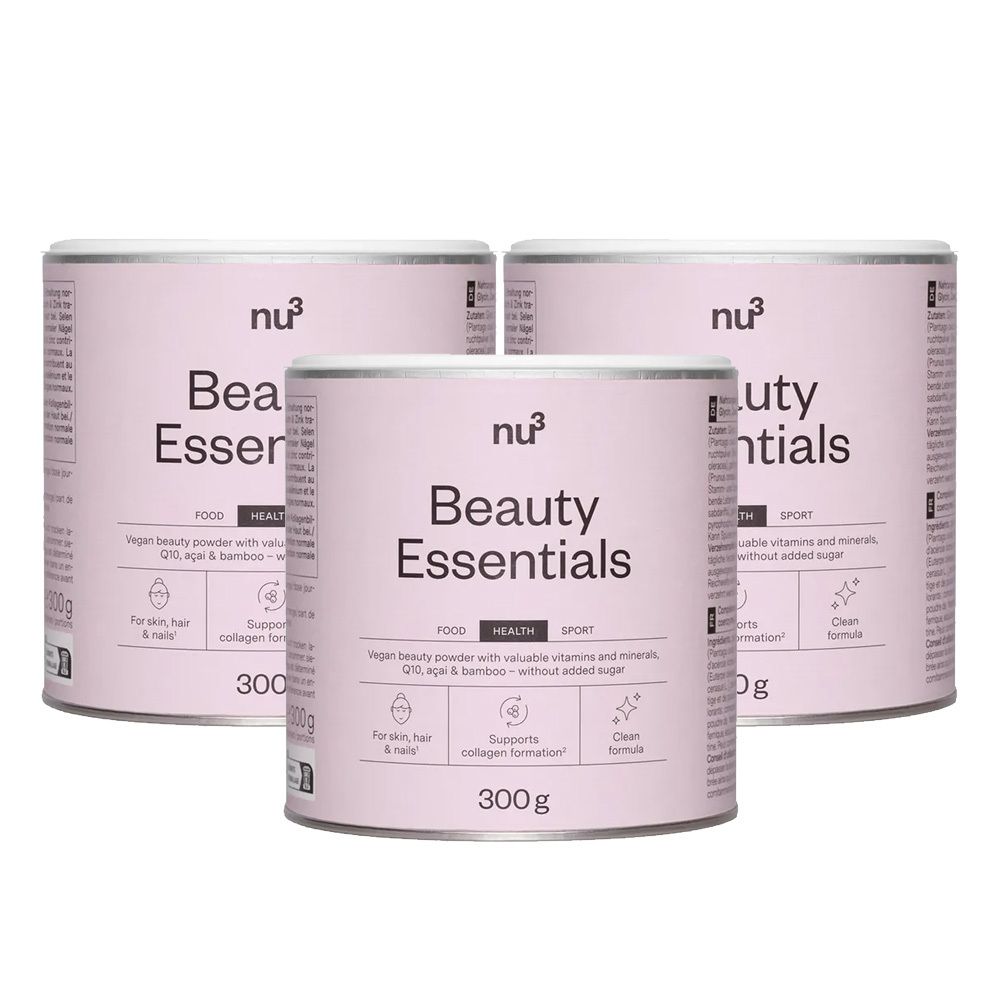 Trois boîtes de poudre végane nu3 Beauty Essentials.