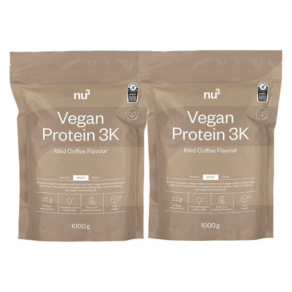 Twee pakken nu3 Vegan Protein 3K Iced Coffee smaak, elk 1000g.