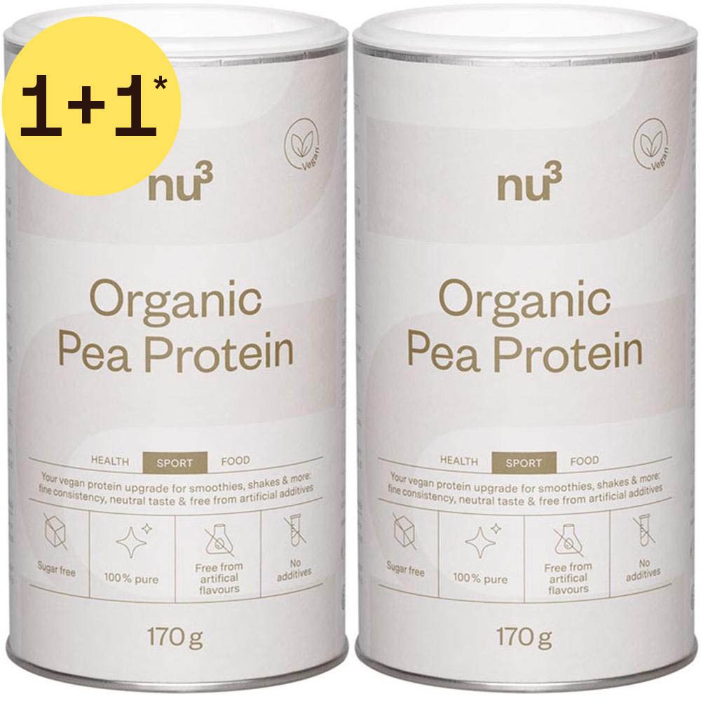 Twee blikken nu³ Biologische Erwteneiwit, elk 170g. "1+1"-actie gemarkeerd.