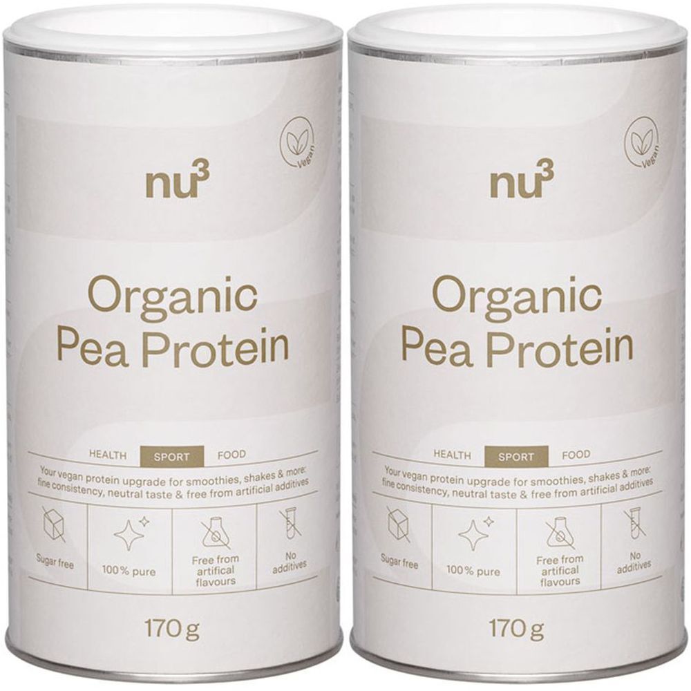Deux boîtes de nu3 Bio Protéines de pois. Boîtes blanches avec logo, nom du produit et informations. Label vegan.