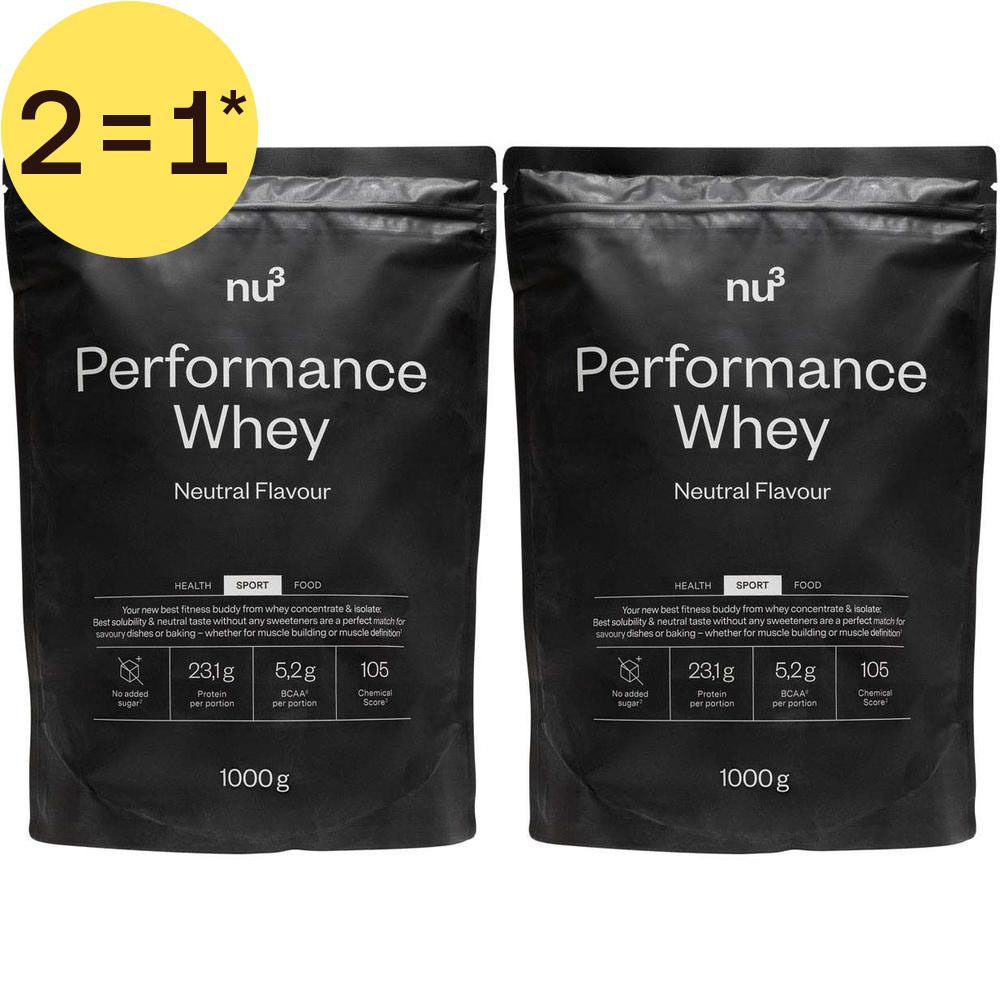 Twee zakken nu3 Performance Whey Neutral van elk 1000g.