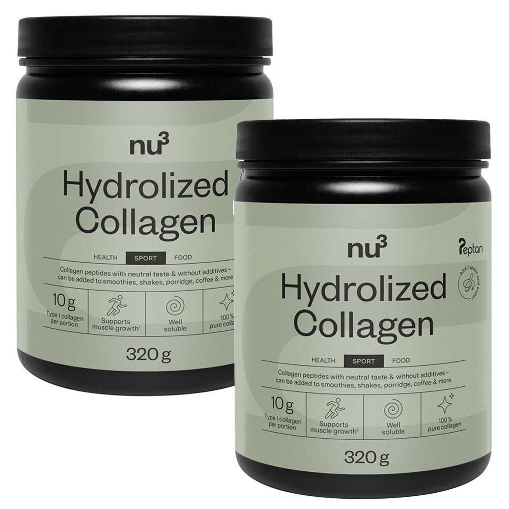 Twee potten nu3 Hydrolyzed Collagen. Zwarte potten met groen etiket, productinformatie en logo. 320g. 10g collageen per portie.