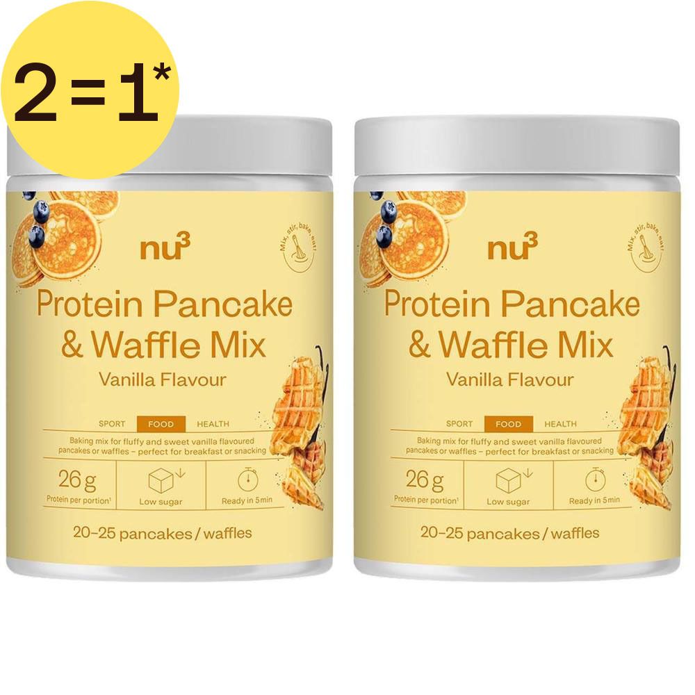 Deux pots de nu3 Protein Pancake & Waffle Mix saveur vanille, offre 2=1.