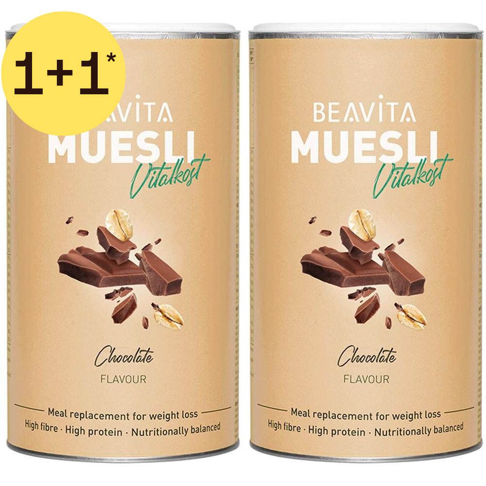 Twee blikken BEAVITA chocolademuesli, "Vital kost". "1+1" aanbieding. Maaltijdvervanger voor gewichtsverlies.