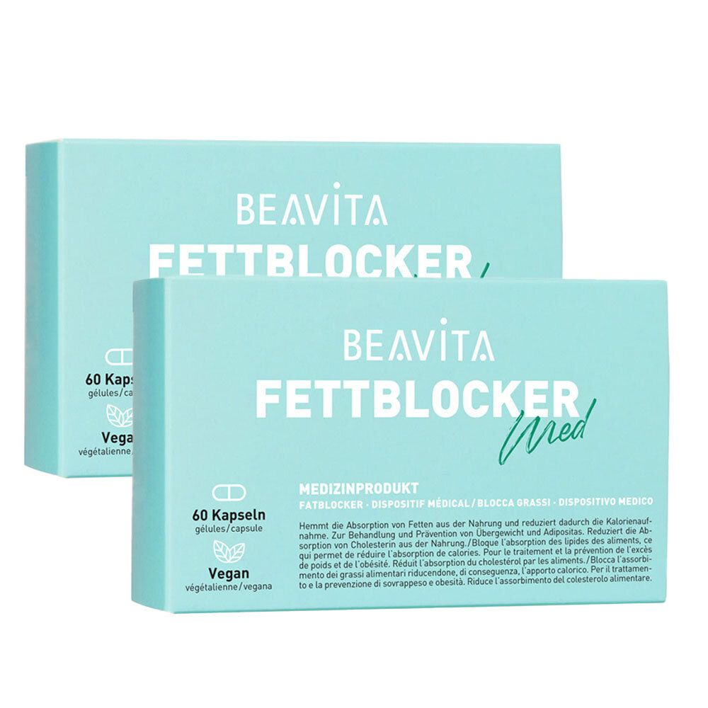 Twee lichtblauwe dozen met de tekst BEAVITA FETTBLOCKER. Op een doos staat "Med". Opschrift: 60 capsules, Vegan.