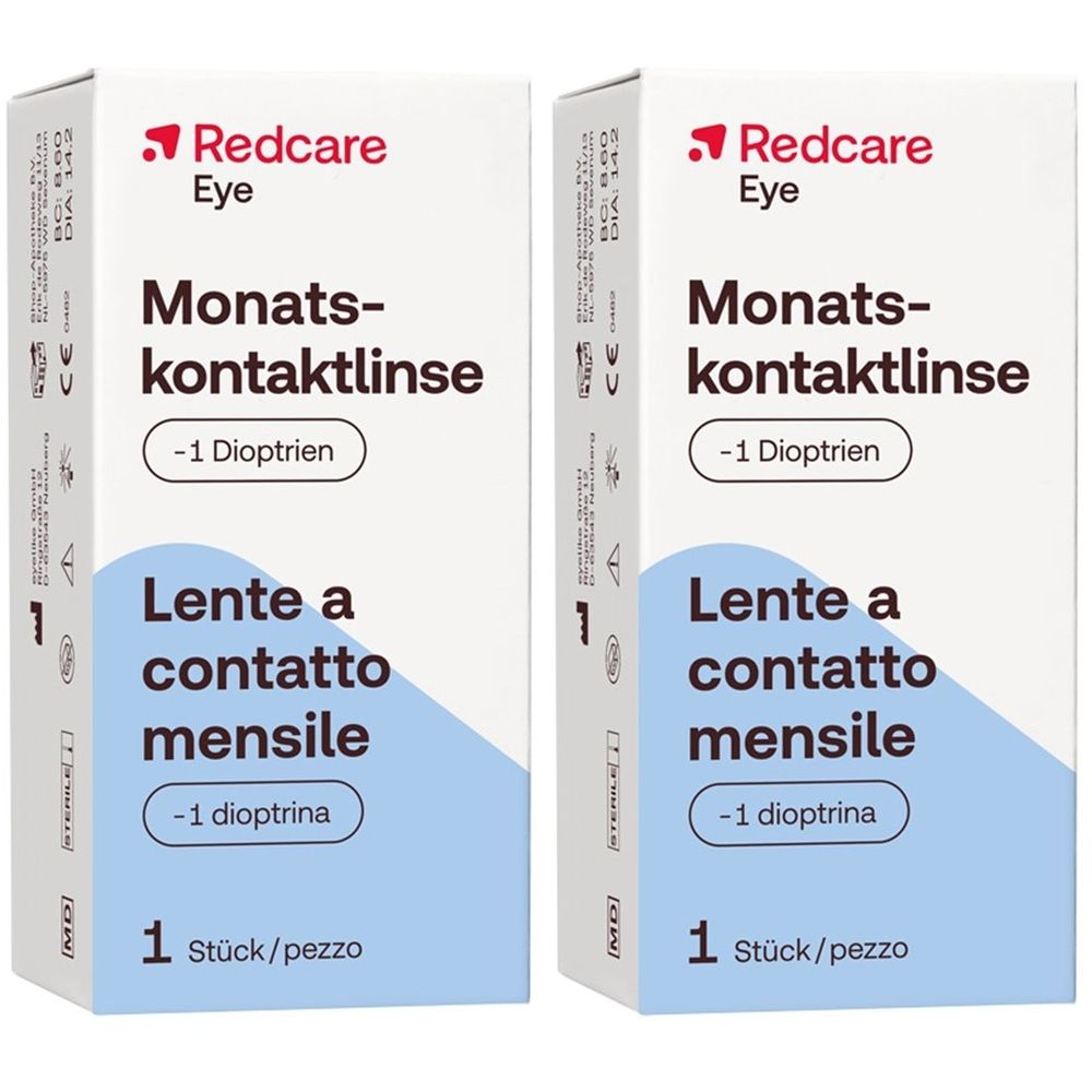 Deux boîtes de lentilles de contact mensuelles Redcare Eye avec offre 1+1. Inscription : -1 dioptrie, 1 pièce/boîte.