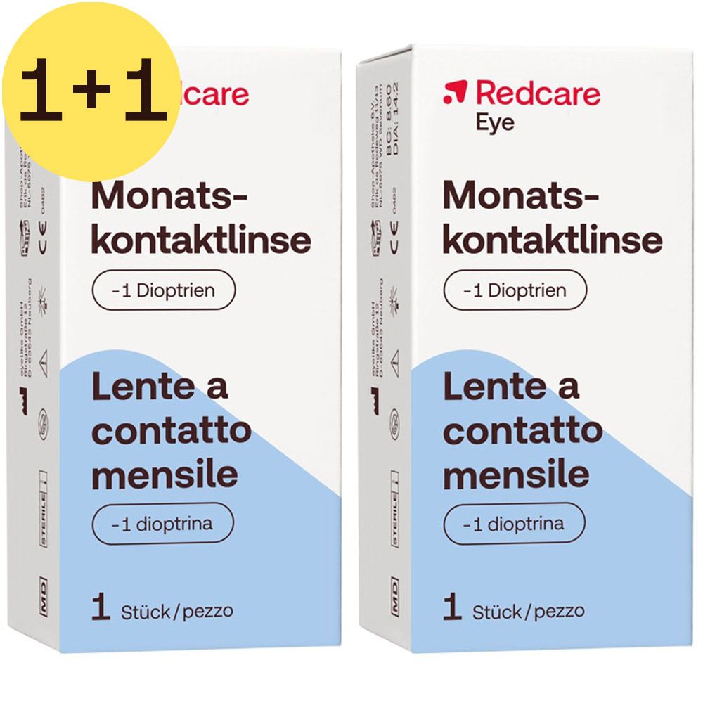 Twee verpakkingen Redcare Eye maandlenzen. Opschrift: -1 dioptrie, 1 stuk/verpakking.