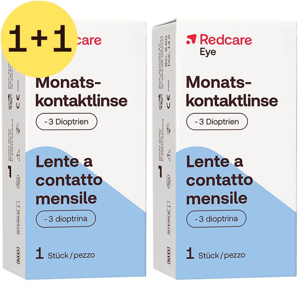 Twee verpakkingen contactlenzen met sticker 1+1. Opschrift: Redcare Eye, Monatskontaktlinse, -3 Dioptrien, 1 Stück/pezz.