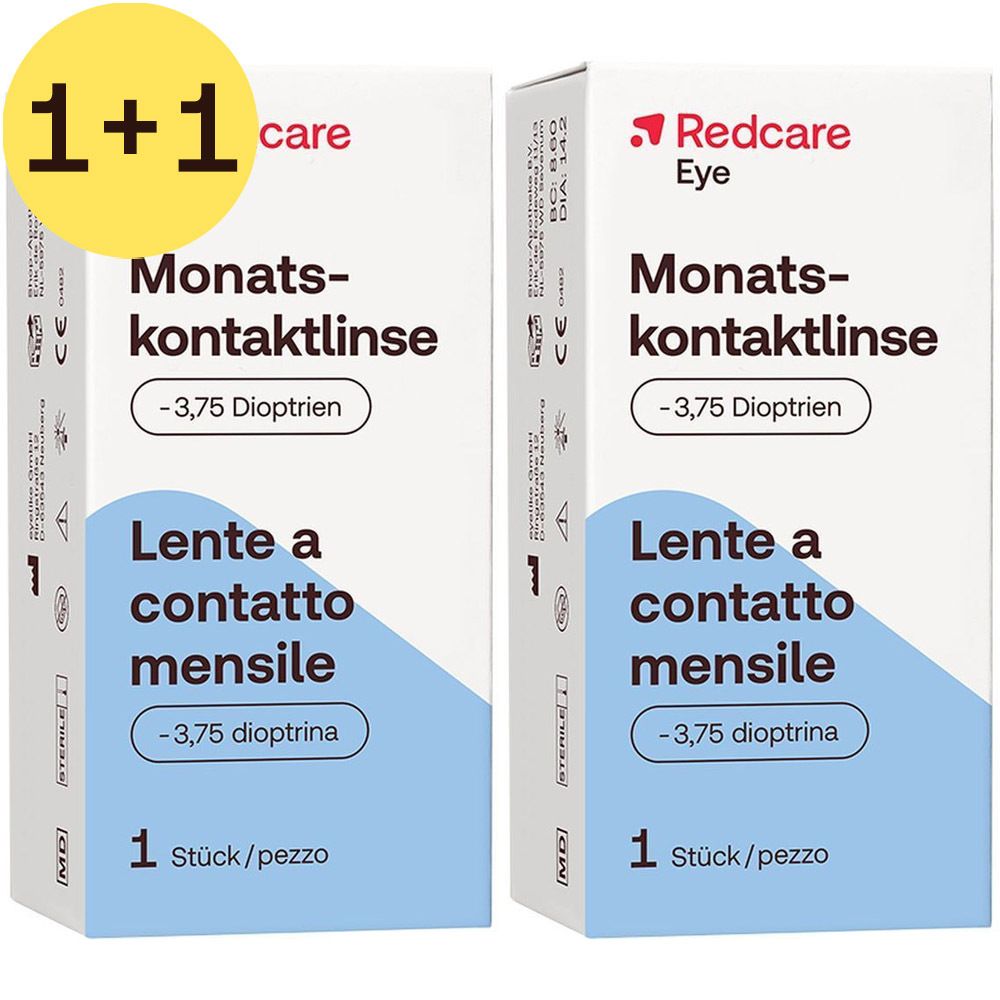 Twee verpakkingen Redcare Eye maandlenzen. Blauw en wit. Tekst: -3,75 dioptrieën, 1 stuk.