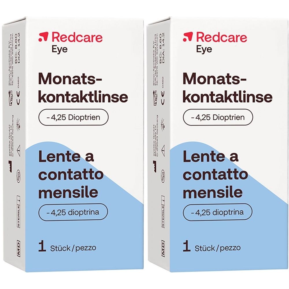 Deux boîtes de lentilles de contact mensuelles Redcare Eye. Emballage bleu et blanc avec texte et logo.