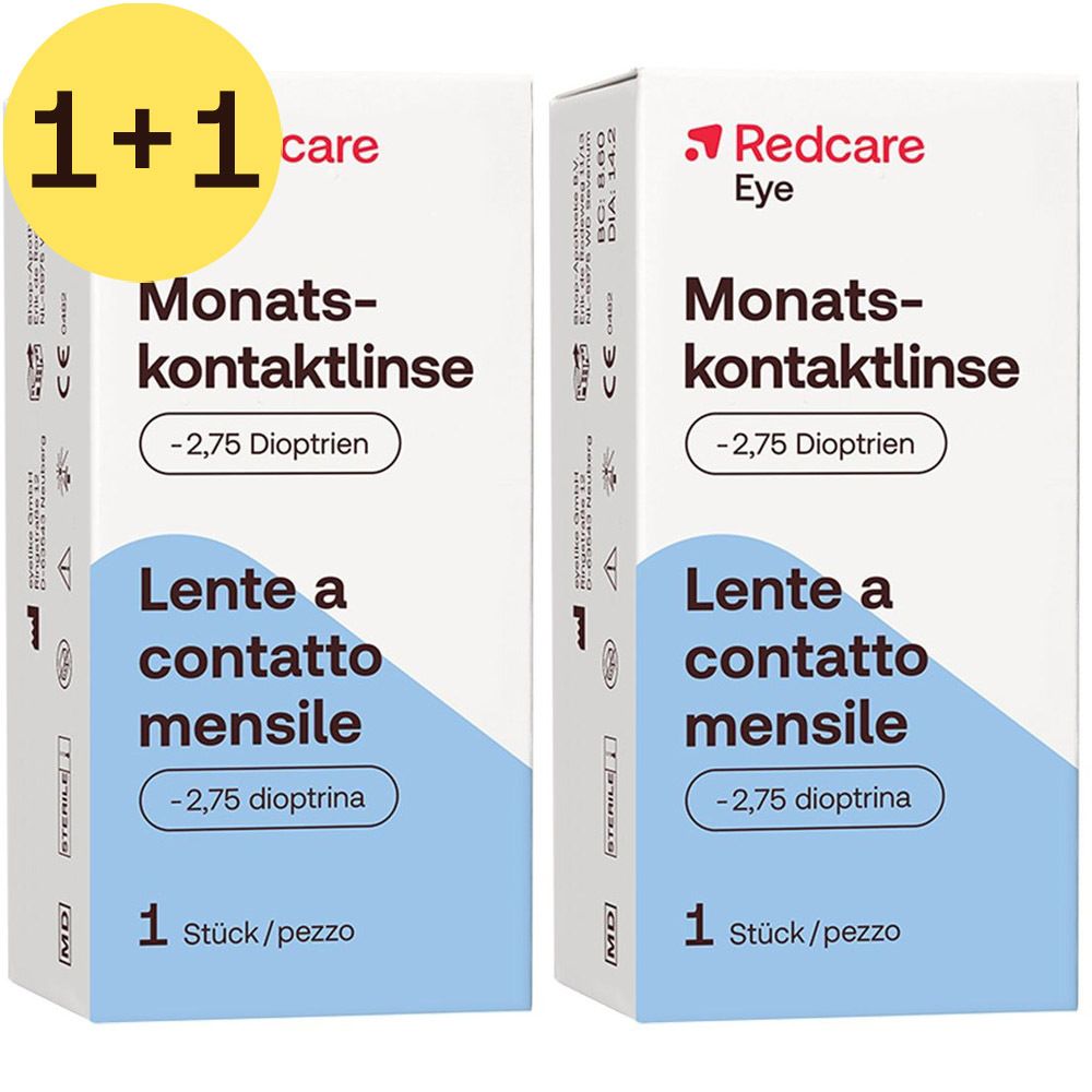 Deux boîtes de lentilles de contact mensuelles Redcare Eye. Texte : Lentille de contact mensuelle, -2,75 dioptries, 1 pièce/boîte.