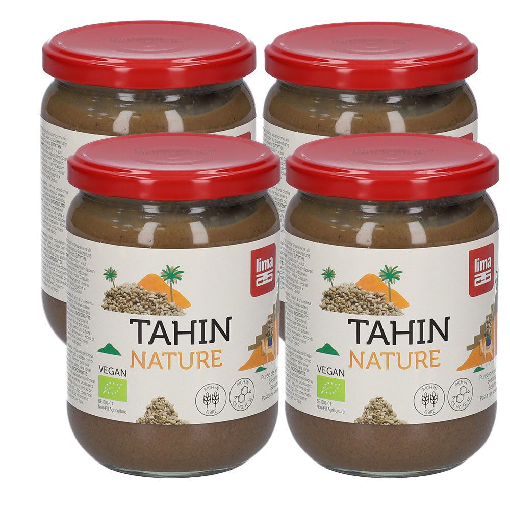 Quatre pots de Tahin Nature. Couvercles rouges, pots en verre. Inscription : Tahin Nature, Vegan. Logo Lima. Certification bio.