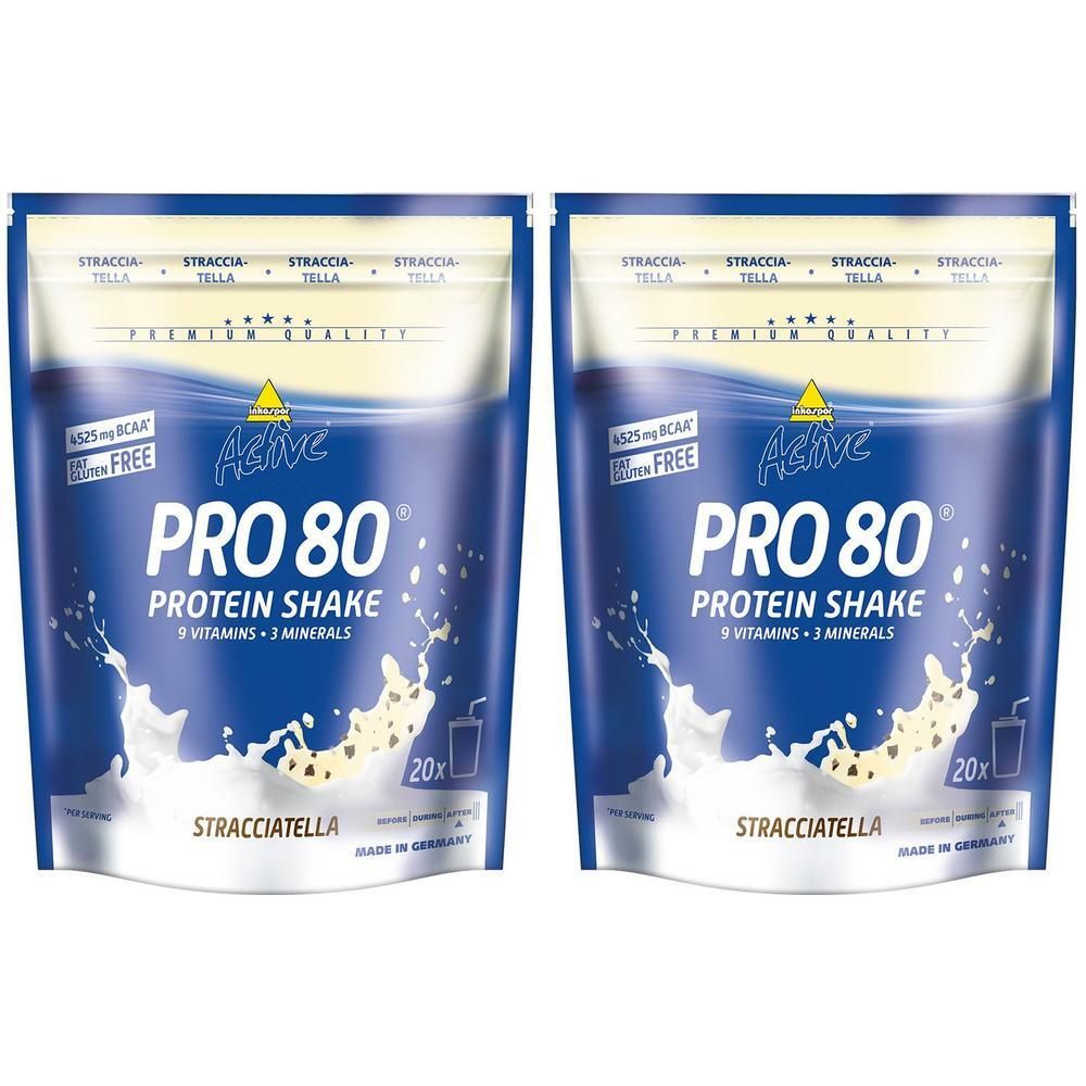 Twee zakken Inkospor Active Pro 80 Protein Shake Stracciatella. Blauwe verpakking, witte tekst, productafbeelding.