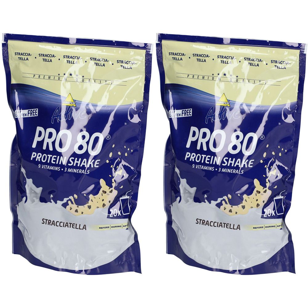 Deux sachets de Inkospor Active Pro 80 Stracciatella Protein Shake. Emballage bleu avec texte blanc et illustration.
