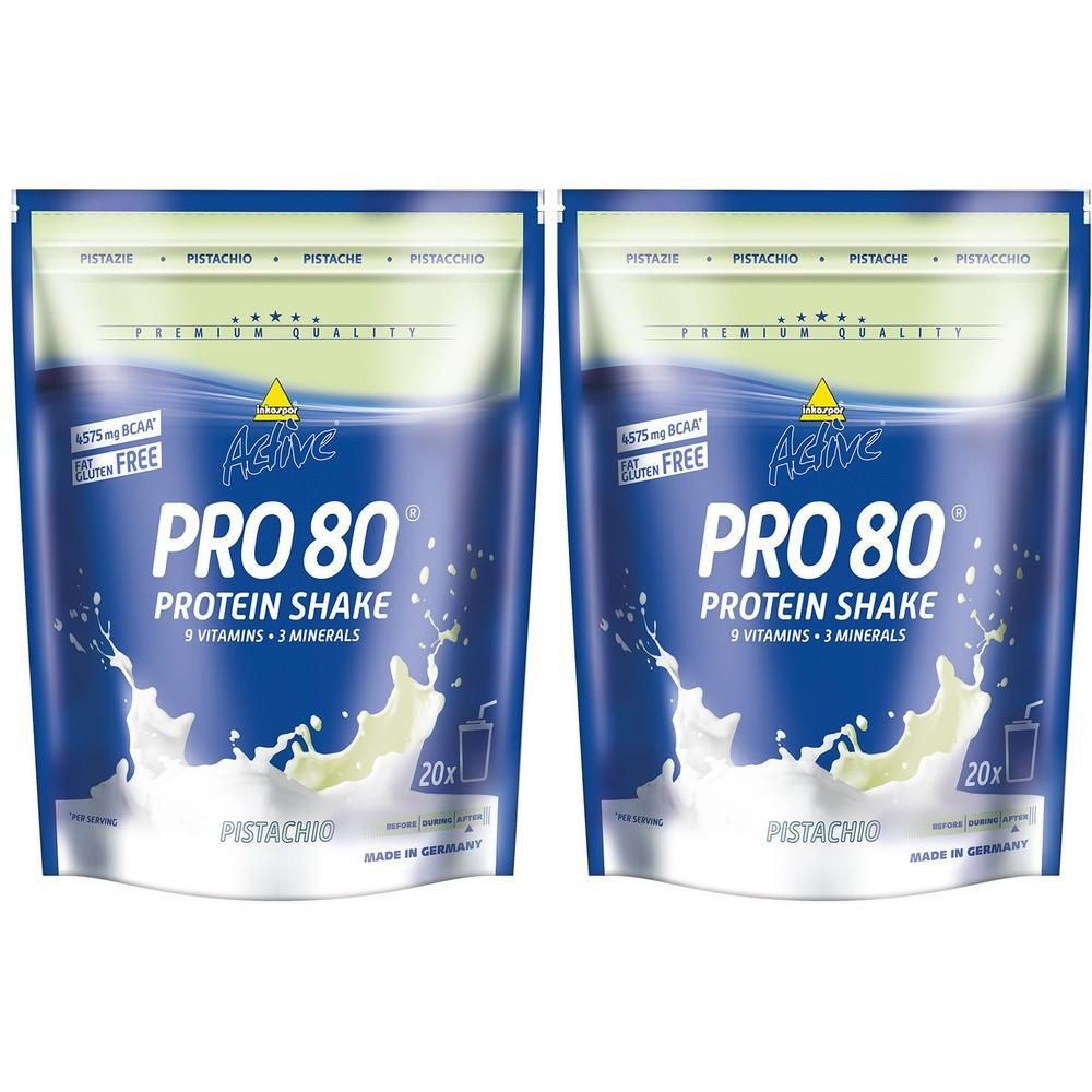 Twee zakken Inkospor Active Pro 80 Pistache. Blauwe verpakking met witte tekst. Bevat Protein Shake, 9 vitamines, 3 mineralen.