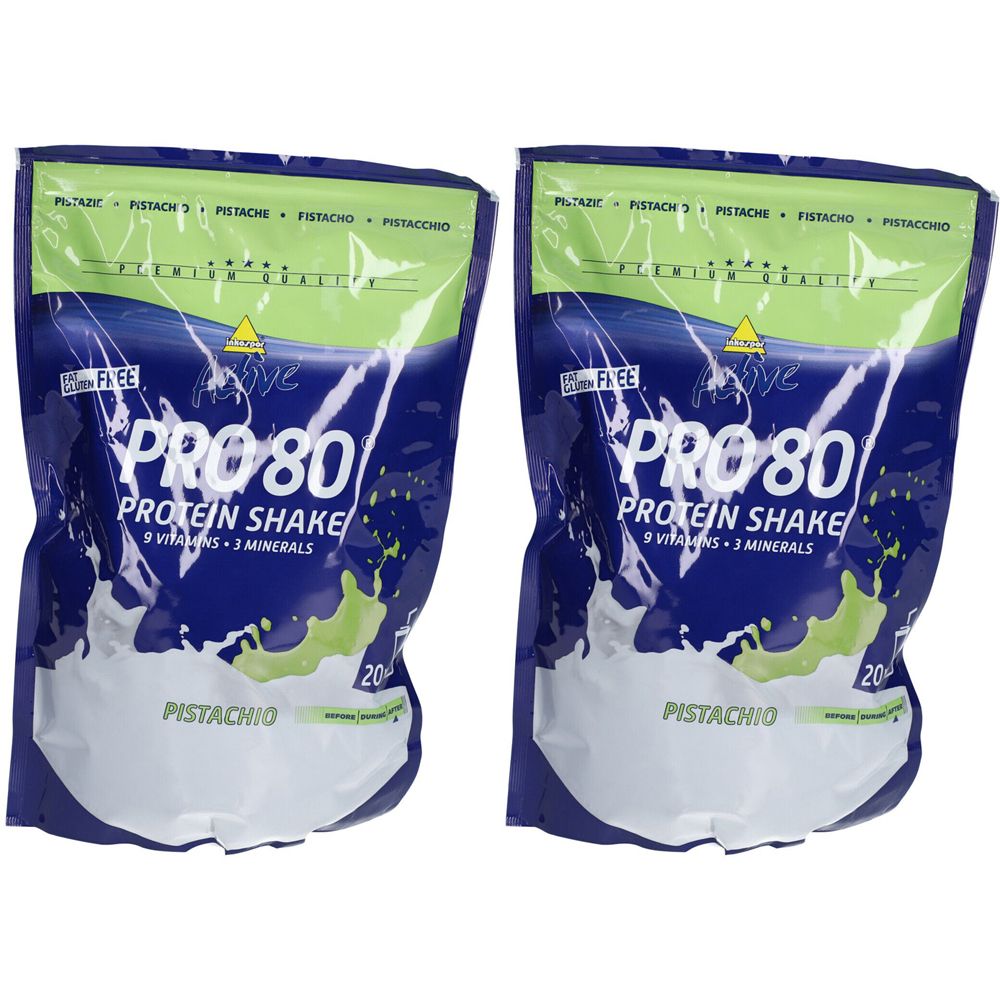 Deux sachets Inkospor Active Pro 80 Pistache. Emballage bleu avec texte blanc. Contient Protein Shake, 9 vitamines, 3 minéraux.