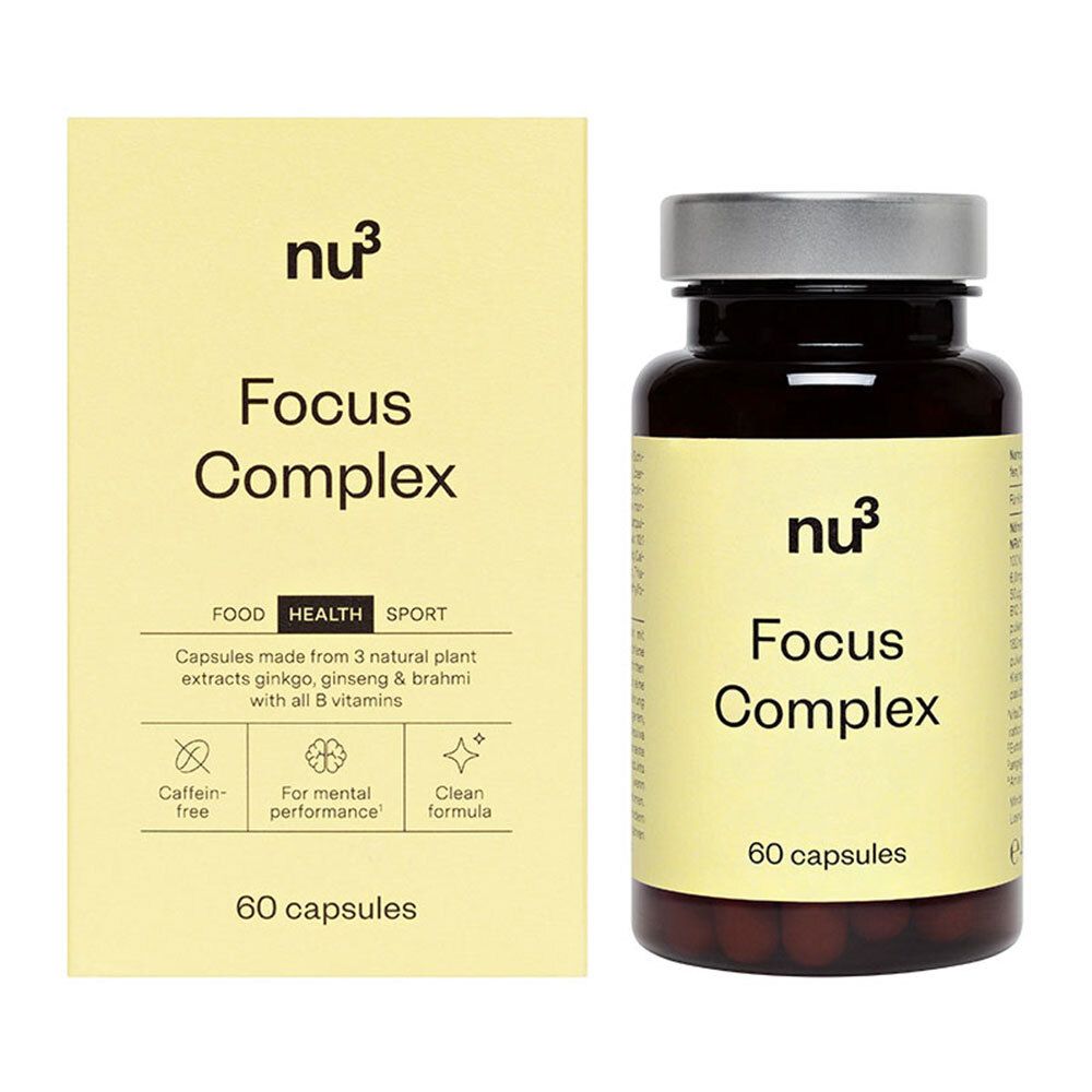 Bruine fles met capsules en geel etiket. Opschrift: Focus Complex, 60 capsules. Daarnaast een doos.