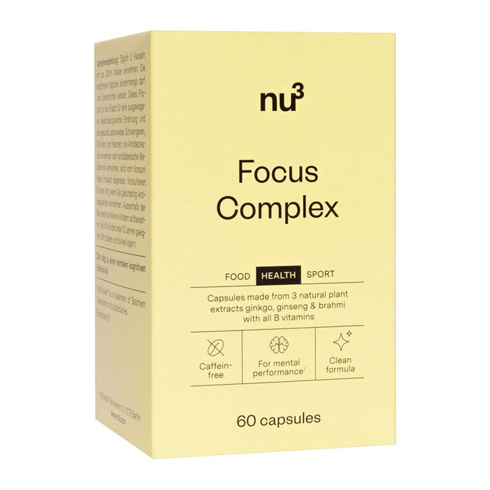 Gele doos met opschrift: Focus Complex, 60 capsules. Bevat informatie over ingrediënten en eigenschappen.