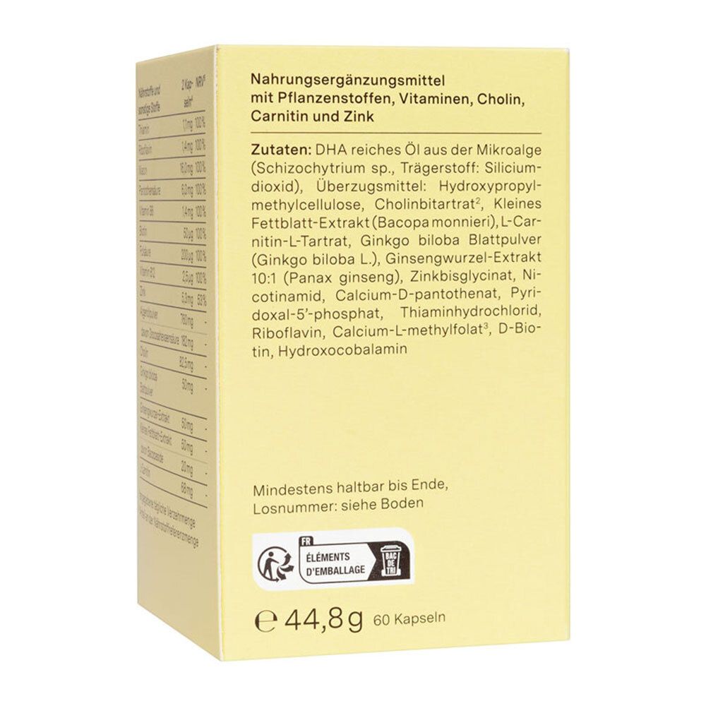 Achterkant van de gele doos. Bevat informatie over ingrediënten, houdbaarheid en fabrikant.