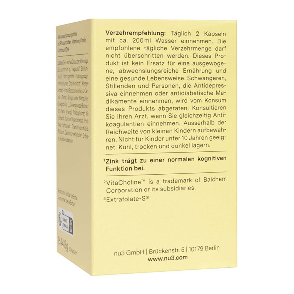 Achterkant van de gele doos. Bevat informatie over inname en contactgegevens.