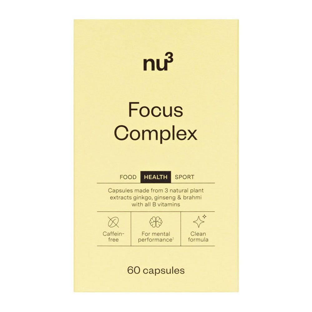 Gele doos met opschrift: Focus Complex, 60 capsules. Bevat informatie over ingrediënten en eigenschappen.