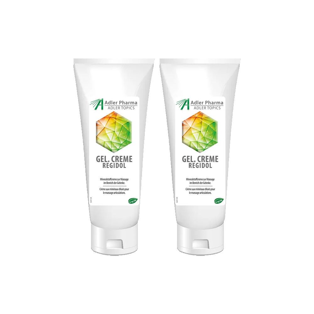 Twee witte tubes met productopdruk. Opschrift: GEL. CREME REGIDOL. Logo Adler Pharma.