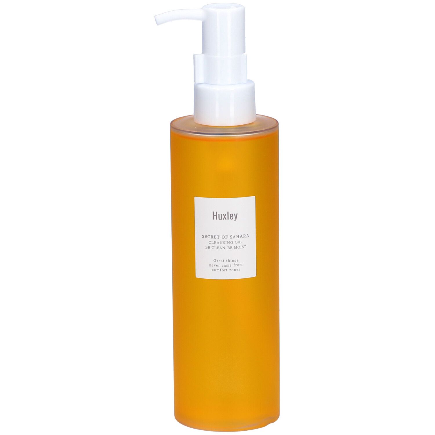 Flacon jaune avec pompe blanche. Étiquette avec informations produit. Marque Huxley.