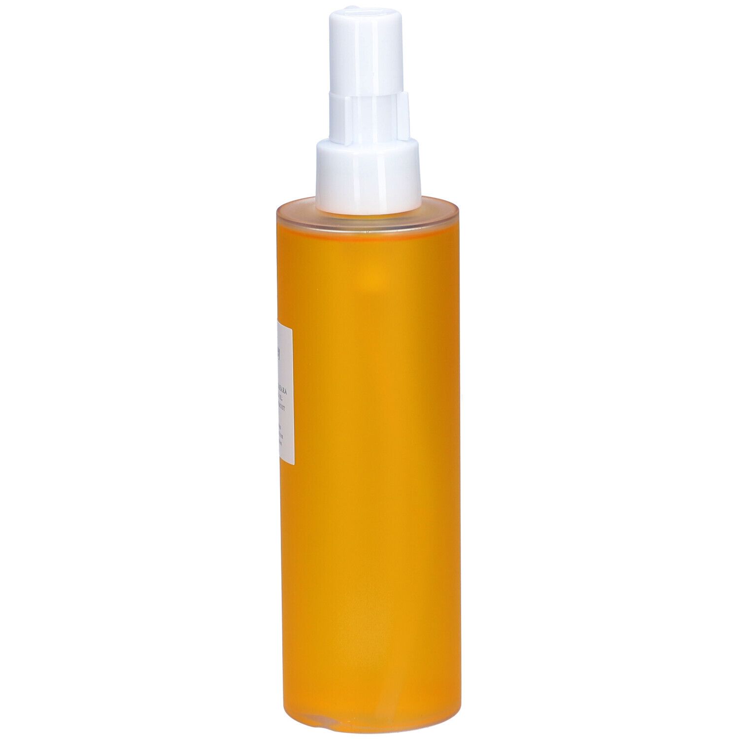Flacon jaune avec vaporisateur blanc. Informations produit sur l'étiquette.