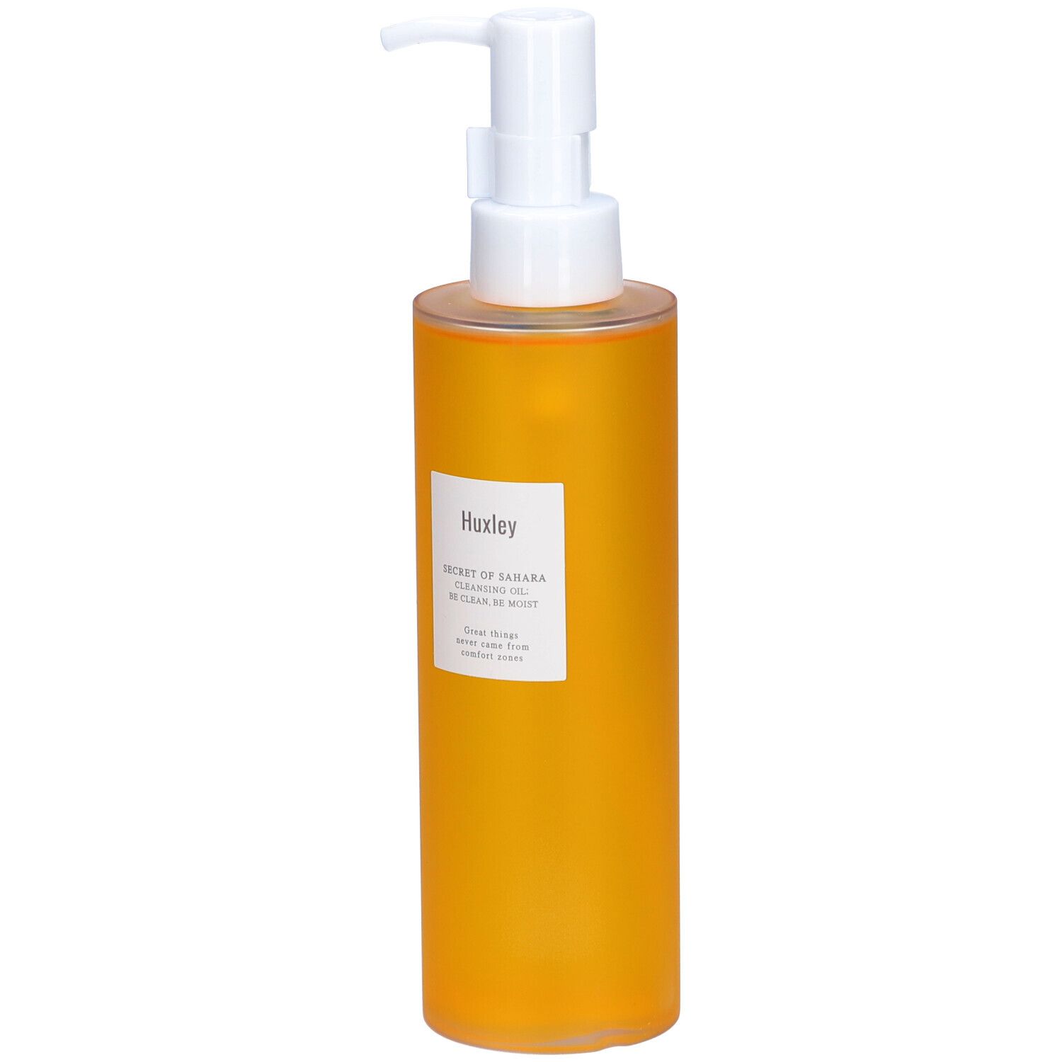 Flacon jaune avec pompe blanche. Étiquette avec nom du produit et marque Huxley.