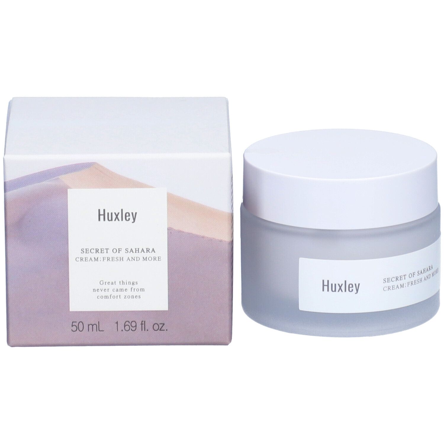Pot de crème et emballage. L'emballage indique Huxley, Secret of Sahara Cream Fresh And More. 50 ml.