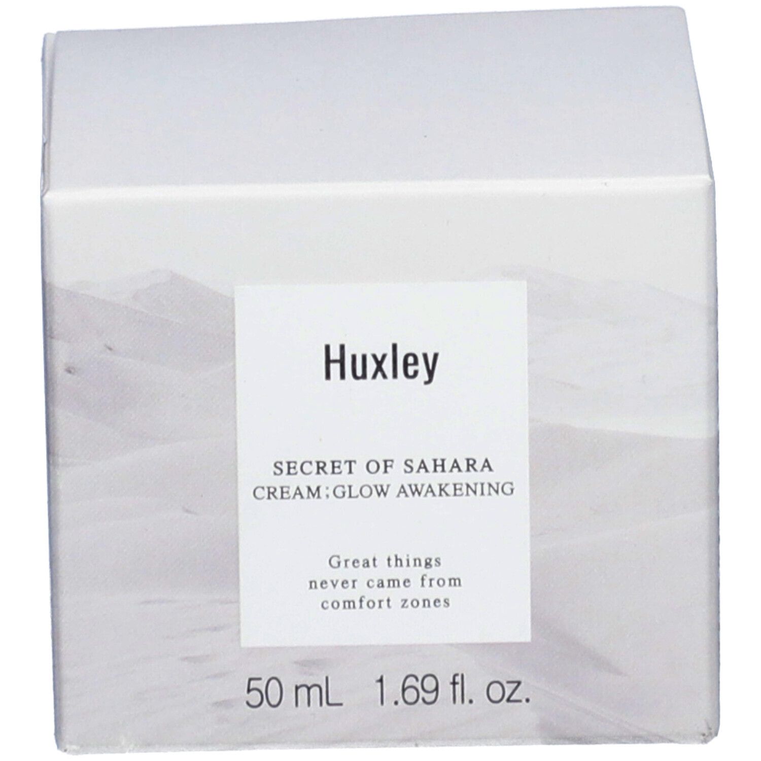 Emballage avec "Huxley" et "SECRET OF SAHARA CREAM; GLOW AWAKENING". Volume: 50 ml.