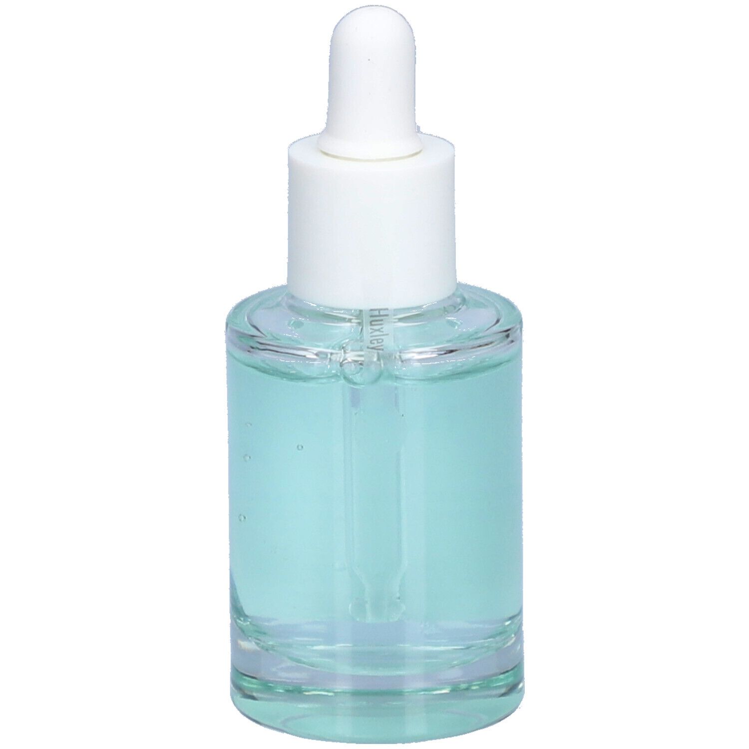 Glazen fles met blauwe vloeistof en witte dop. Etiket met "Huxley" en productnaam. Pipet.