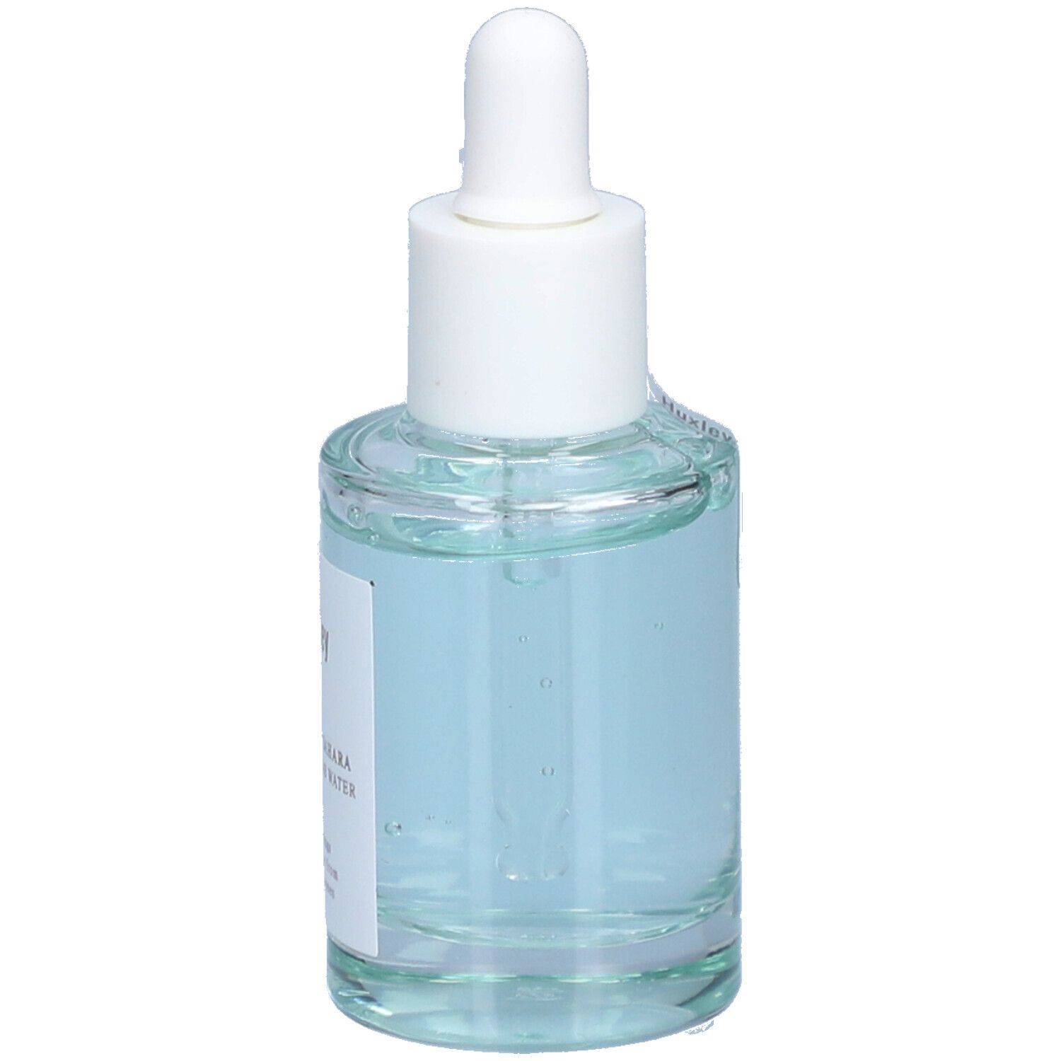 Glazen fles met blauwe vloeistof en witte dop. Etiket met "Huxley" en productnaam. Pipet.