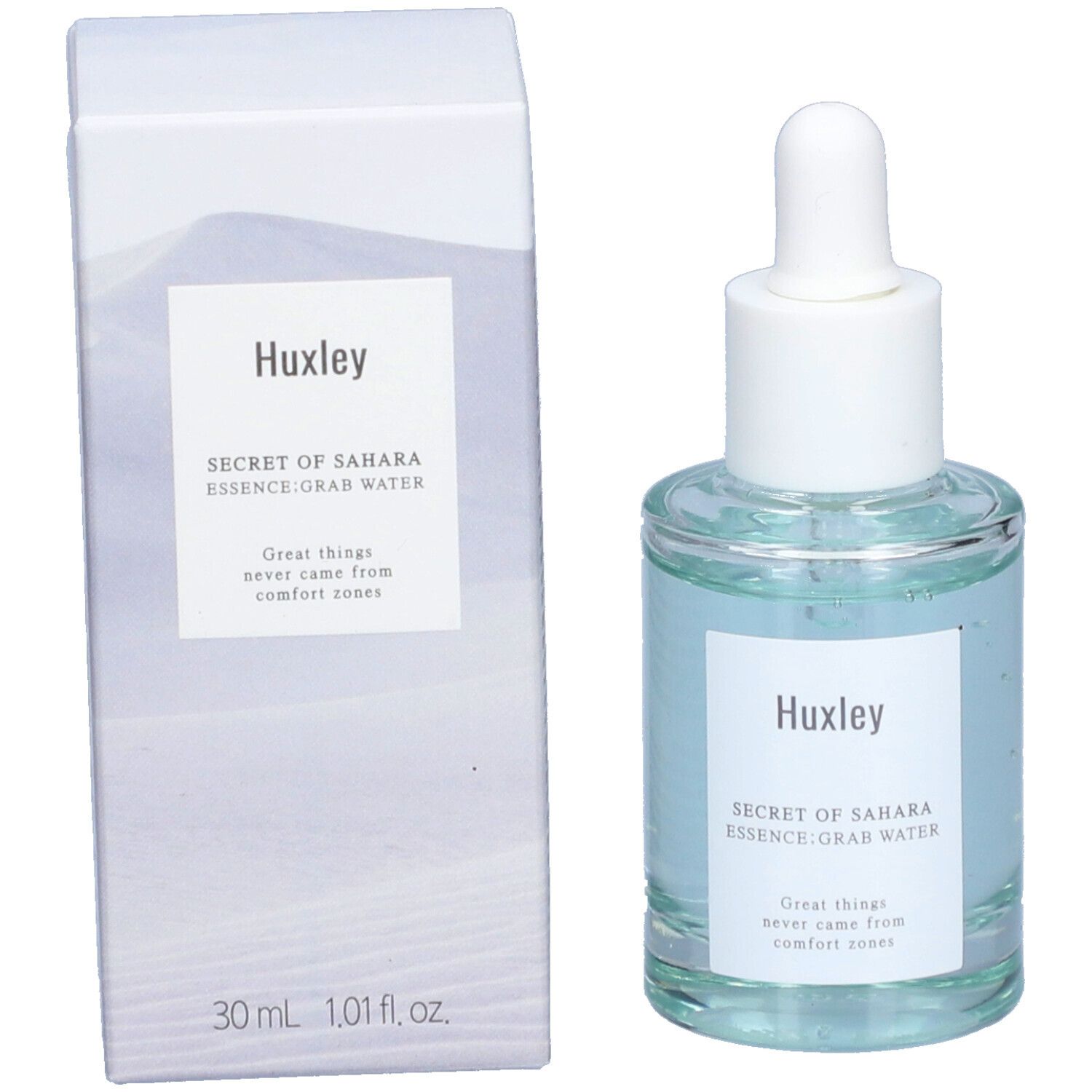 Glazen fles en verpakking. Fles met blauwe vloeistof en witte dop. Etiket "Huxley". Verpakking met tekst.