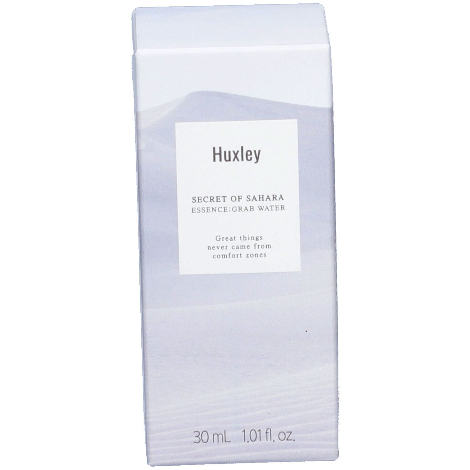 Verpakking met tekst en logo "Huxley". Rechthoekige vorm, wit met grijze elementen. Productnaam.