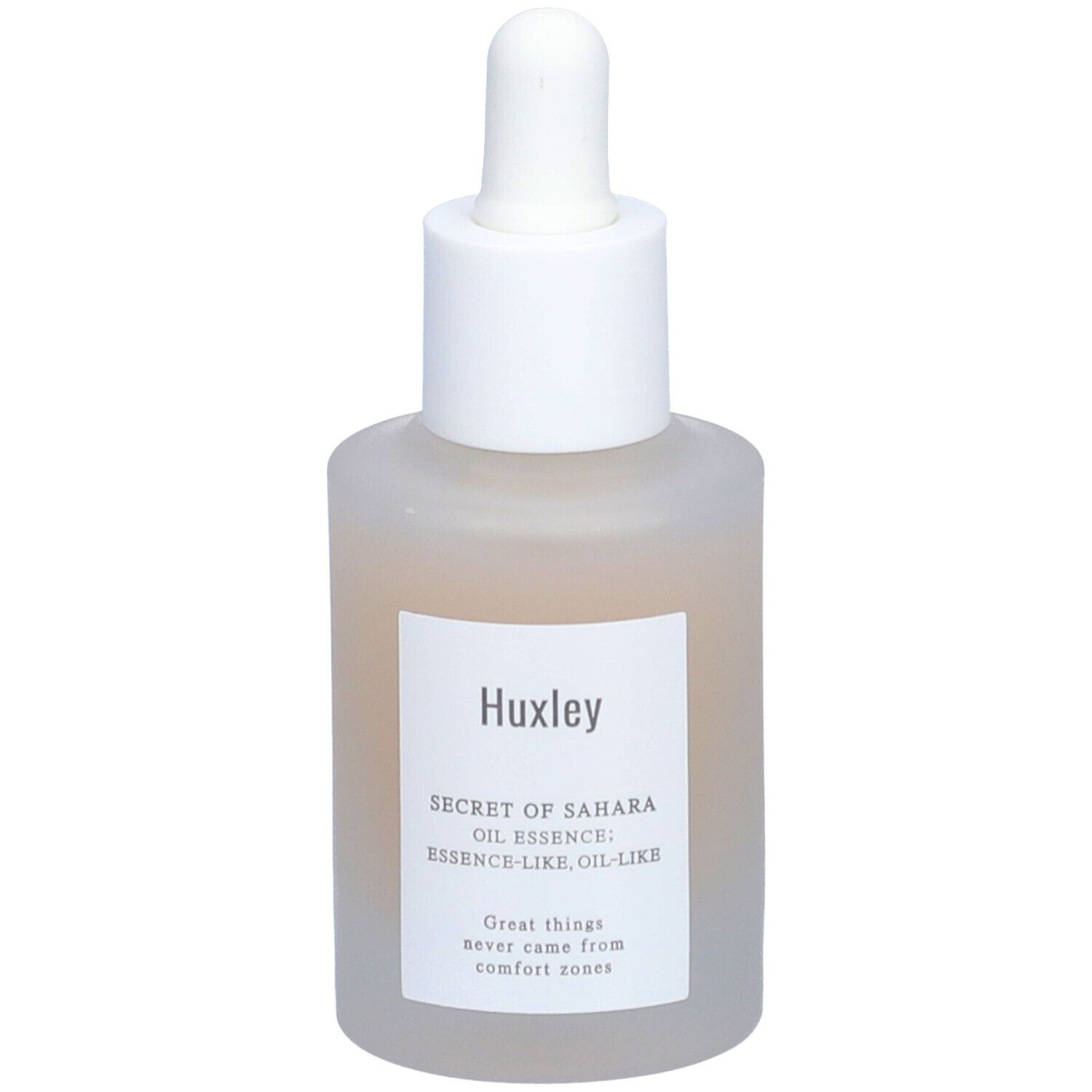 Flacon avec bouchon blanc et pipette. Étiquette avec informations produit. Nom: Huxley.