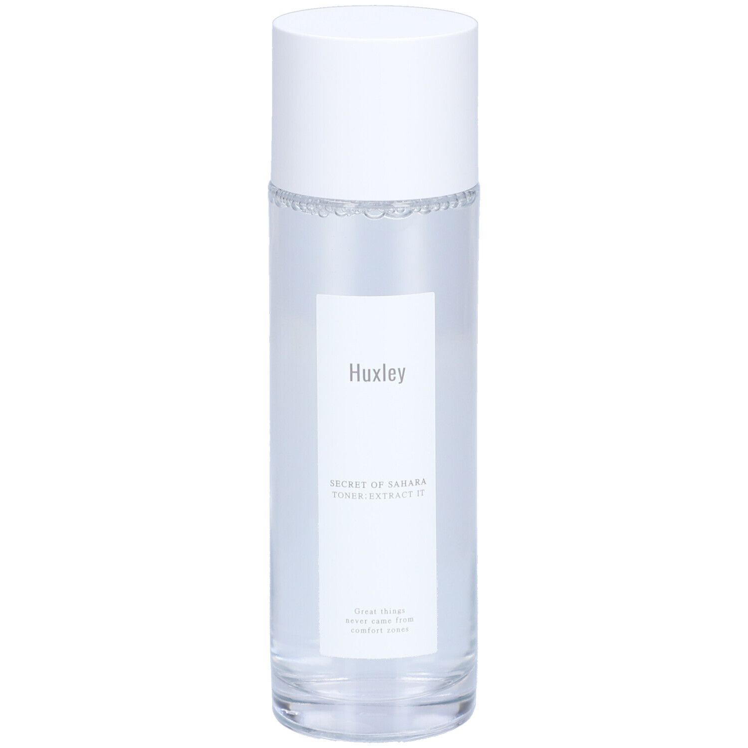 Cilindrische fles met witte dop. Etiket met "Huxley" en productnaam. Heldere vloeistof zichtbaar.