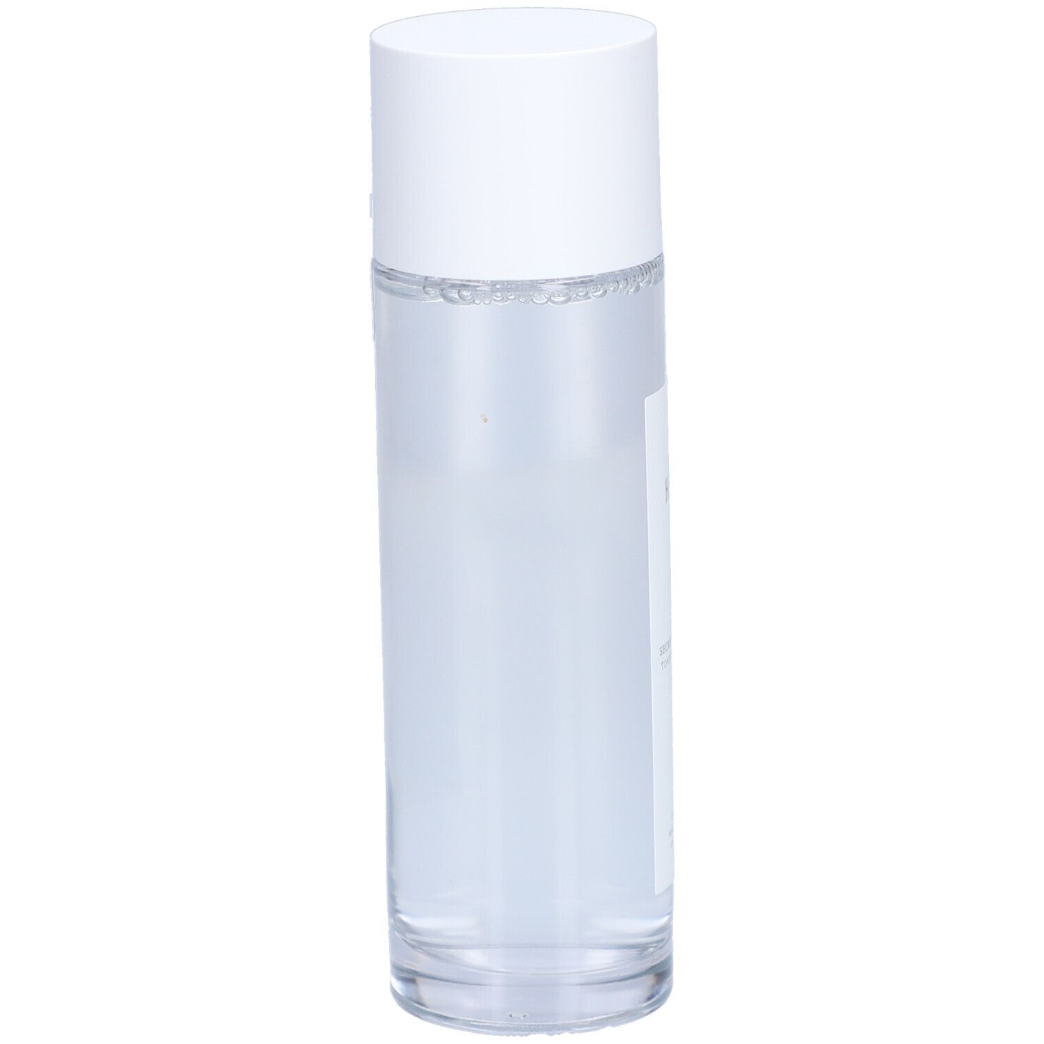 Cilindrische fles met witte dop. Etiket met productinformatie. Heldere vloeistof zichtbaar.