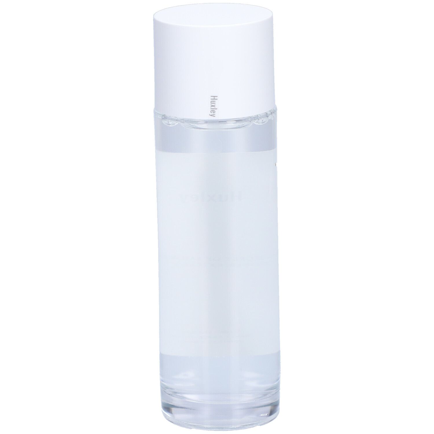 Cilindrische fles met witte dop. Etiket met productinformatie. Heldere vloeistof zichtbaar.