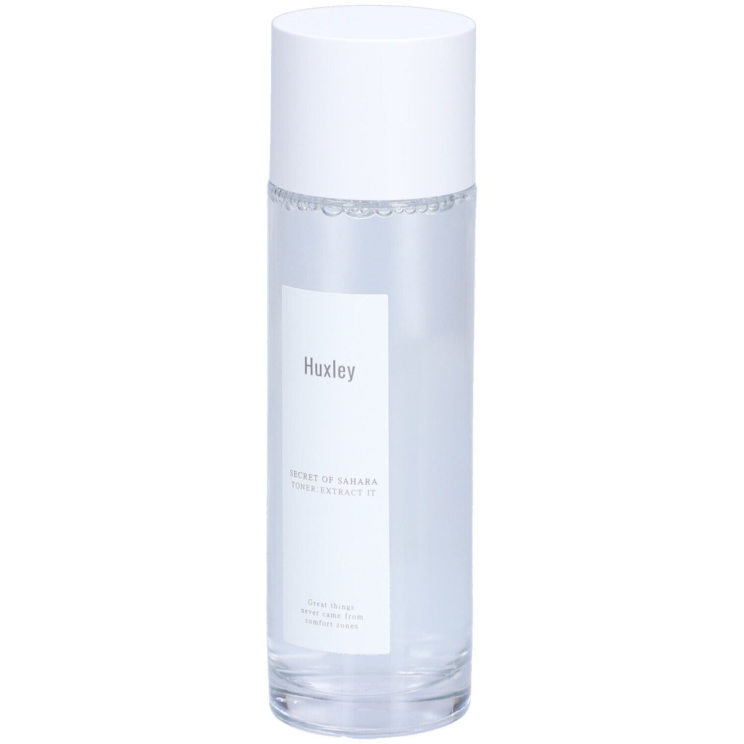 Cilindrische fles met witte dop. Etiket met "Huxley" en productnaam. Heldere vloeistof zichtbaar.