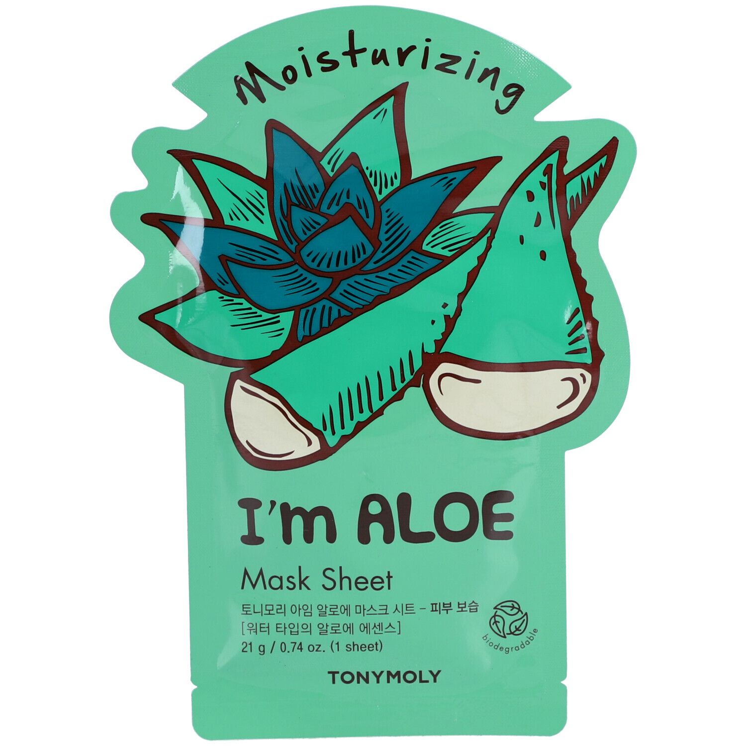 Groen gezichtsmasker met aloë vera-motief. Tekst: I'm Aloe Mask Sheet. Verpakking met aloë vera-illustraties en tekst.