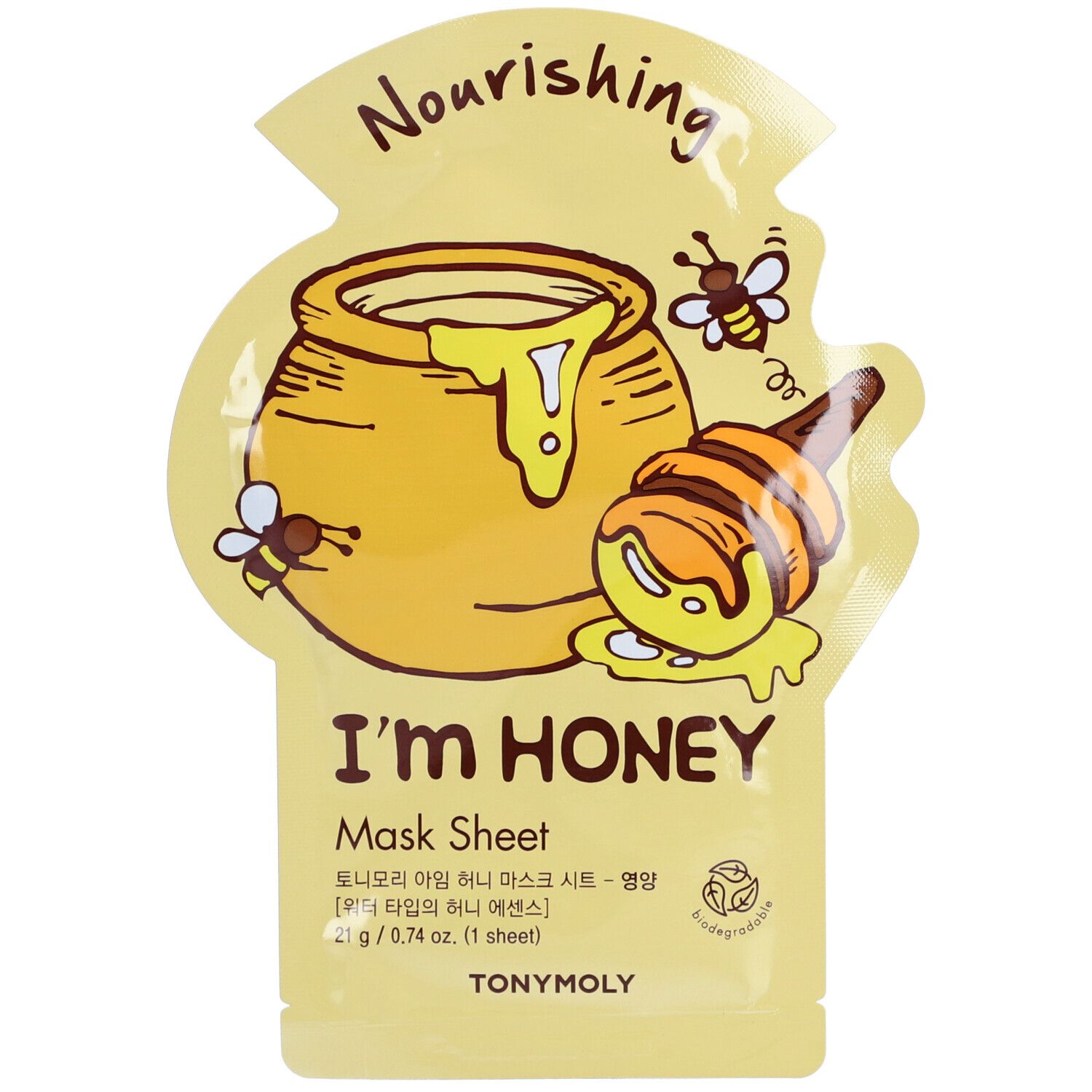 Emballage jaune TONYMOLY I'm Honey Mask Sheet avec illustration de pot de miel et texte. Contient 21 g.