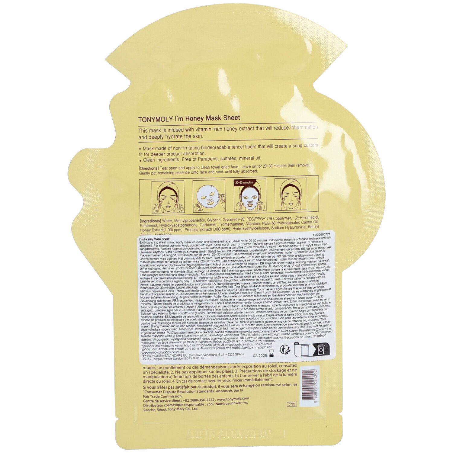 Dos de l'emballage TONYMOLY I'm Honey Mask Sheet avec texte et illustrations. Contient ingrédients et instructions d'utilisation.