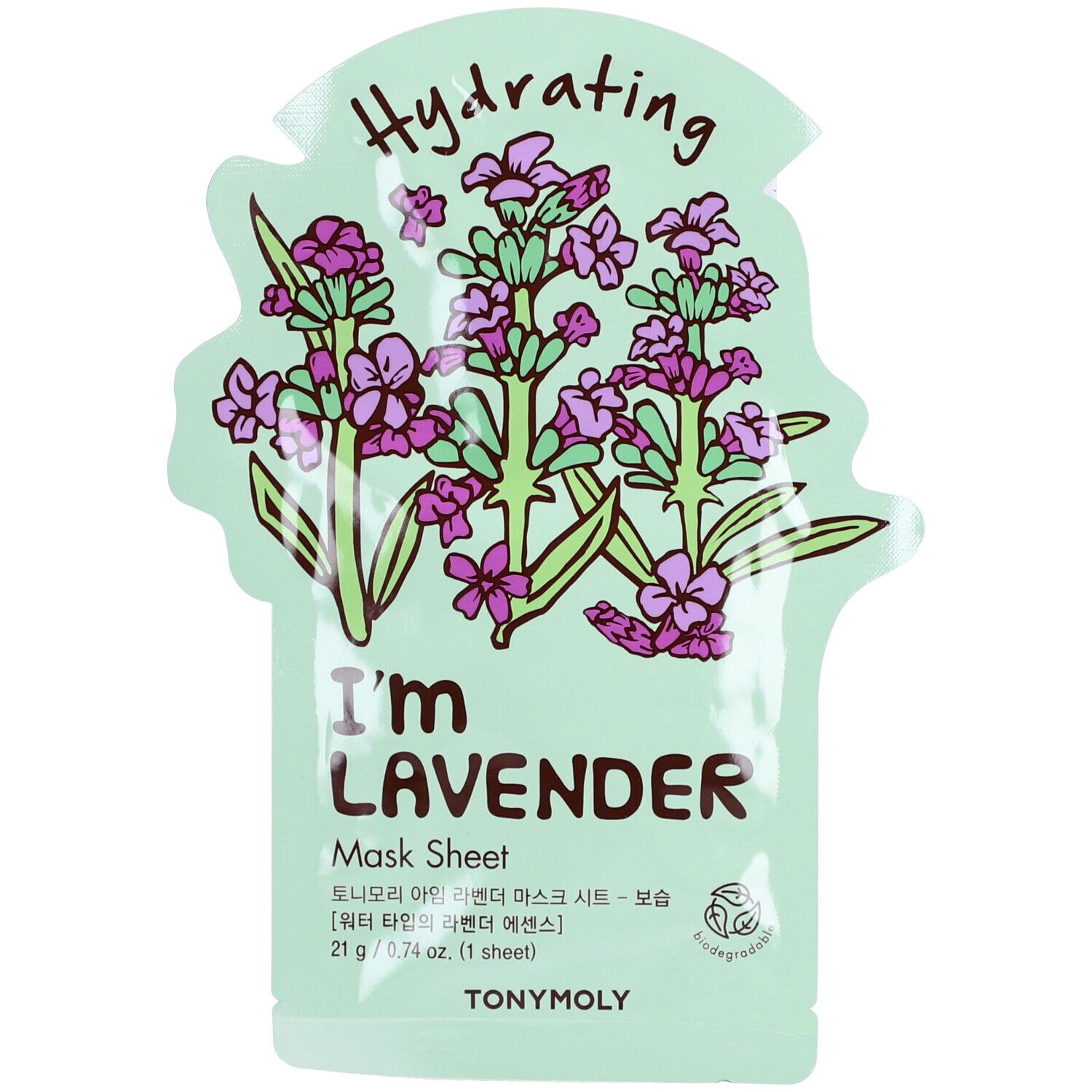 TONYMOLY I'm Lavender Mask Sheet. Emballage vert clair avec illustration de lavande. Texte : Hydrating, I'm Lavender, Mask Sheet.