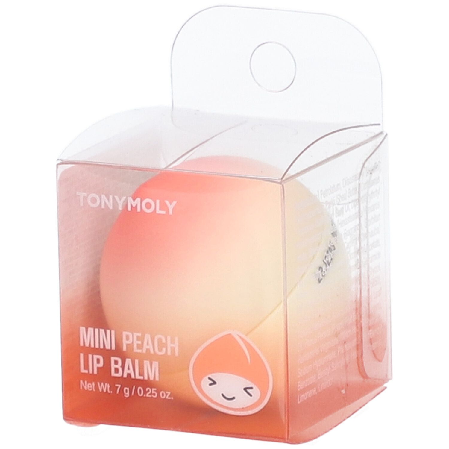 Baume à lèvres en forme de pêche dans un emballage transparent. Inscription : TONYMOLY, MINI PEACH LIP BALM. Poids net : 7 g / 0,25 oz.