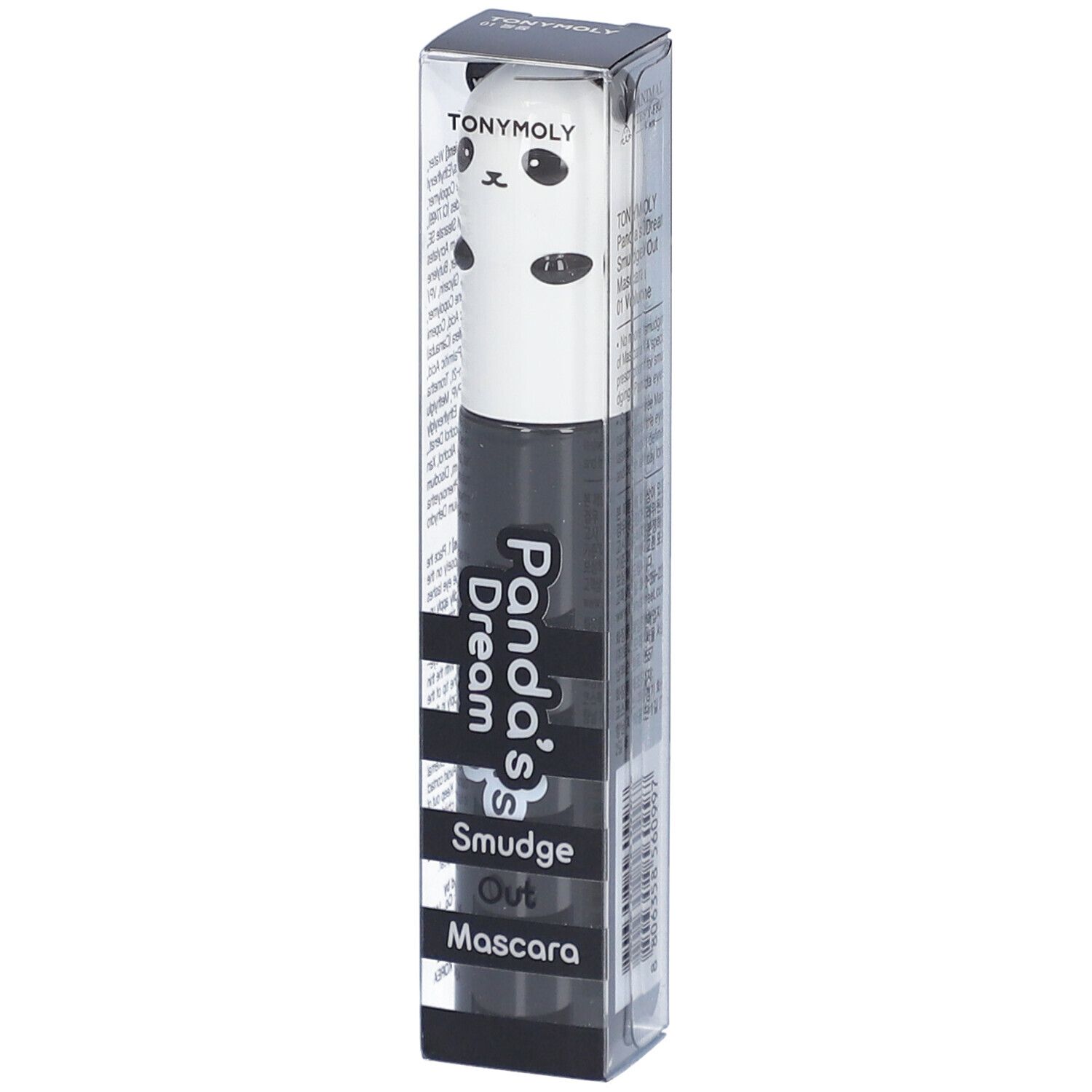Mascara in verpakking. Zwart-wit ontwerp met panda-gezicht. Opschrift: Panda's Dream Smudge Out Mascara.